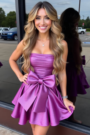 Purple A Line Bow Homecoming Dress